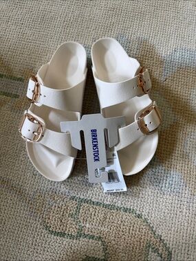 Birkenstock Arizona EVA Sandals Off White with Rose Gold Plastic Buckles size 40